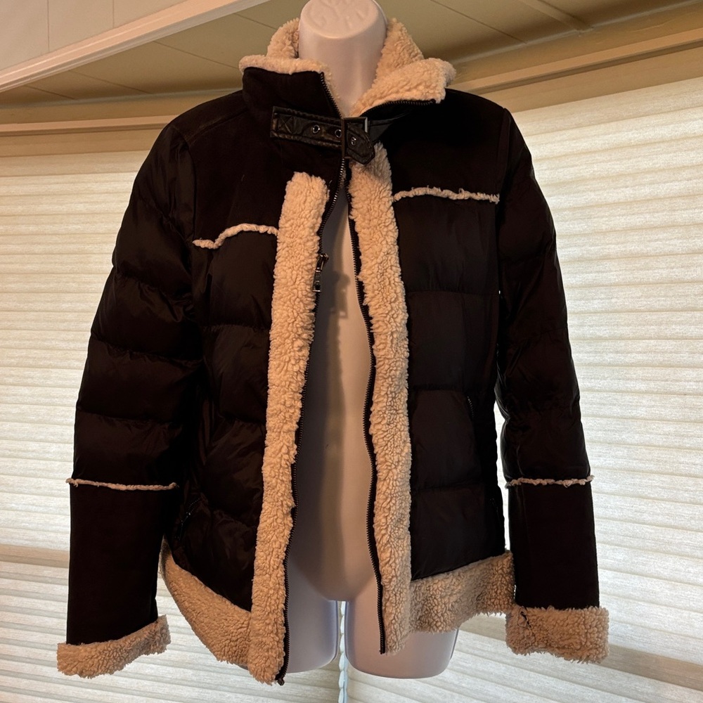 Tahari Black Puffer Jacket with Cream Accents